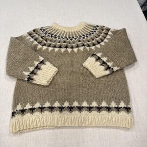 Fair Isle Sweater Womens XL Brown Wool Chunky Knit Nordic Ski Pullover Winter